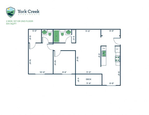 Floor plan for 2 beds, 1.5 baths, 834 sqft